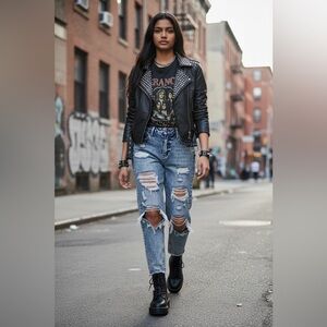 KanCan high-rise, relaxed-fit mom jeans in a light acid wash. Distressed Holes